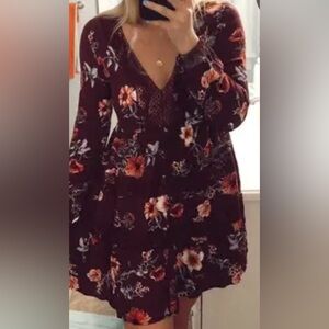Floral V-Neck Long sleeve Burgundy rayon Dress
